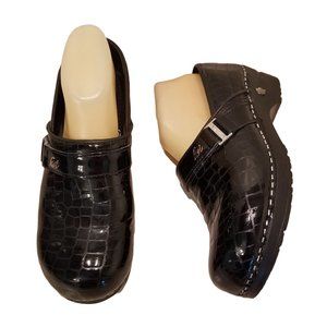 Koi Sanita 41 Black Patent Leather Croc Animal Print Clogs Slip On 10.5 11 Comfo